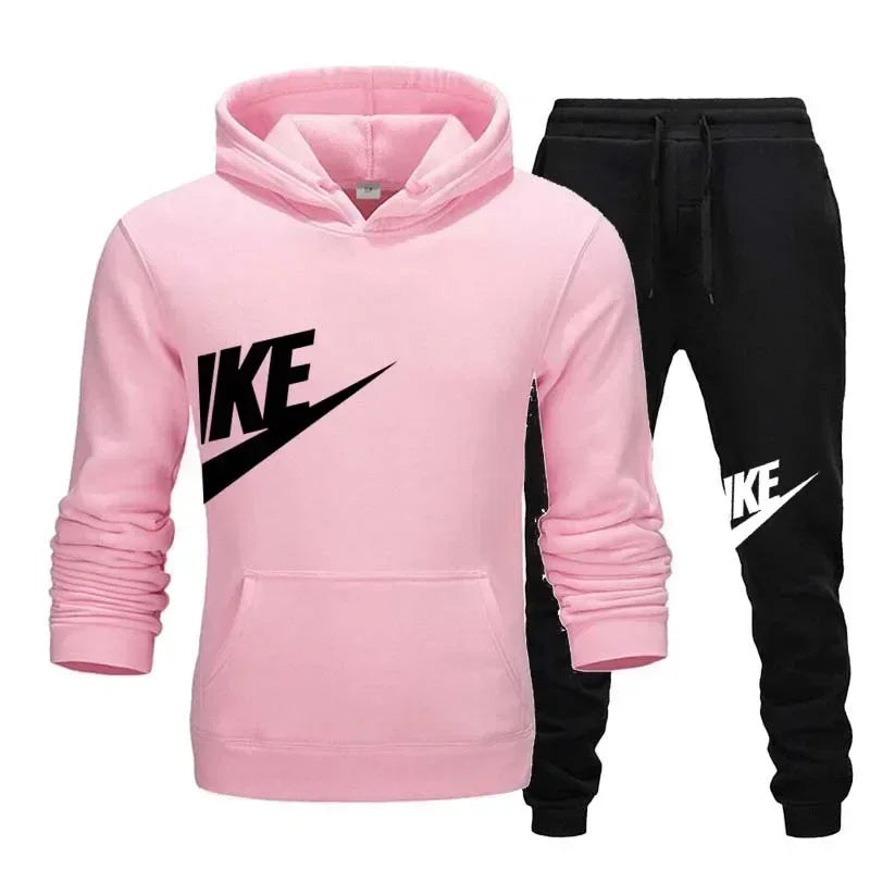 New men's casual fitness and running sportswear for autumn and winter, fashionable printed loose hooded pullover + long pants se