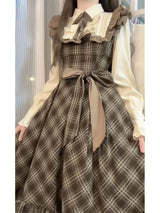 French Vintage Midi Dress Women Casual Evening Party Plaid Dress Office Lady Outwear One Piece Dress Korean Fashion Spring Chic