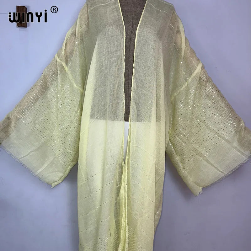 WINYI 2023 Women Bohemian Gold Thread Monochrome Elegant Casual Dress African Cardigans Outerwear For Women Summer Sexy Kimono