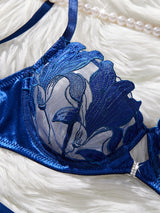 Floral Embroidery Sexy Lingerie Set Women Transparent Bralette Underwire Push Up Bra Panty 2 Piece Set