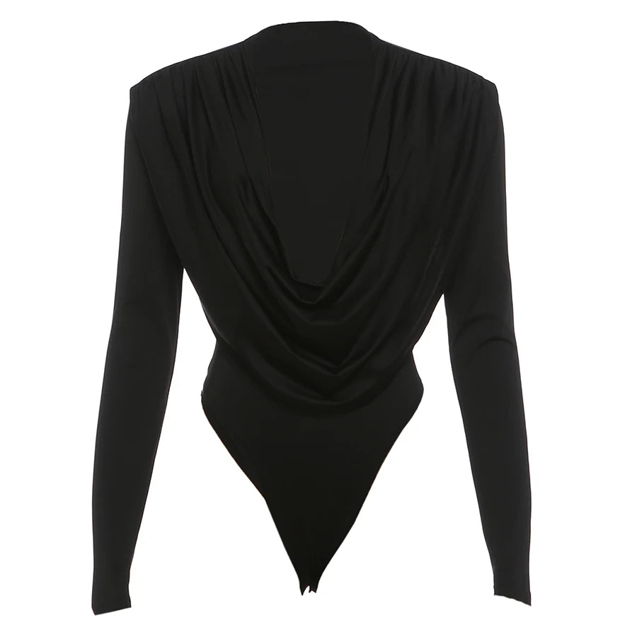 Weird Puss Deep v Swing Collar Bodysuits Woman Elegant Ruched Full Sleeve Skinny Stretch Basic Wild Spring Fashion Body Tops