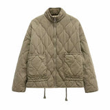 Women's Polyester Padded Jacket 2026New Arrival Vintage Lenzing Rayon High Collar Large Pocket Decorative Quilted Coat for Women