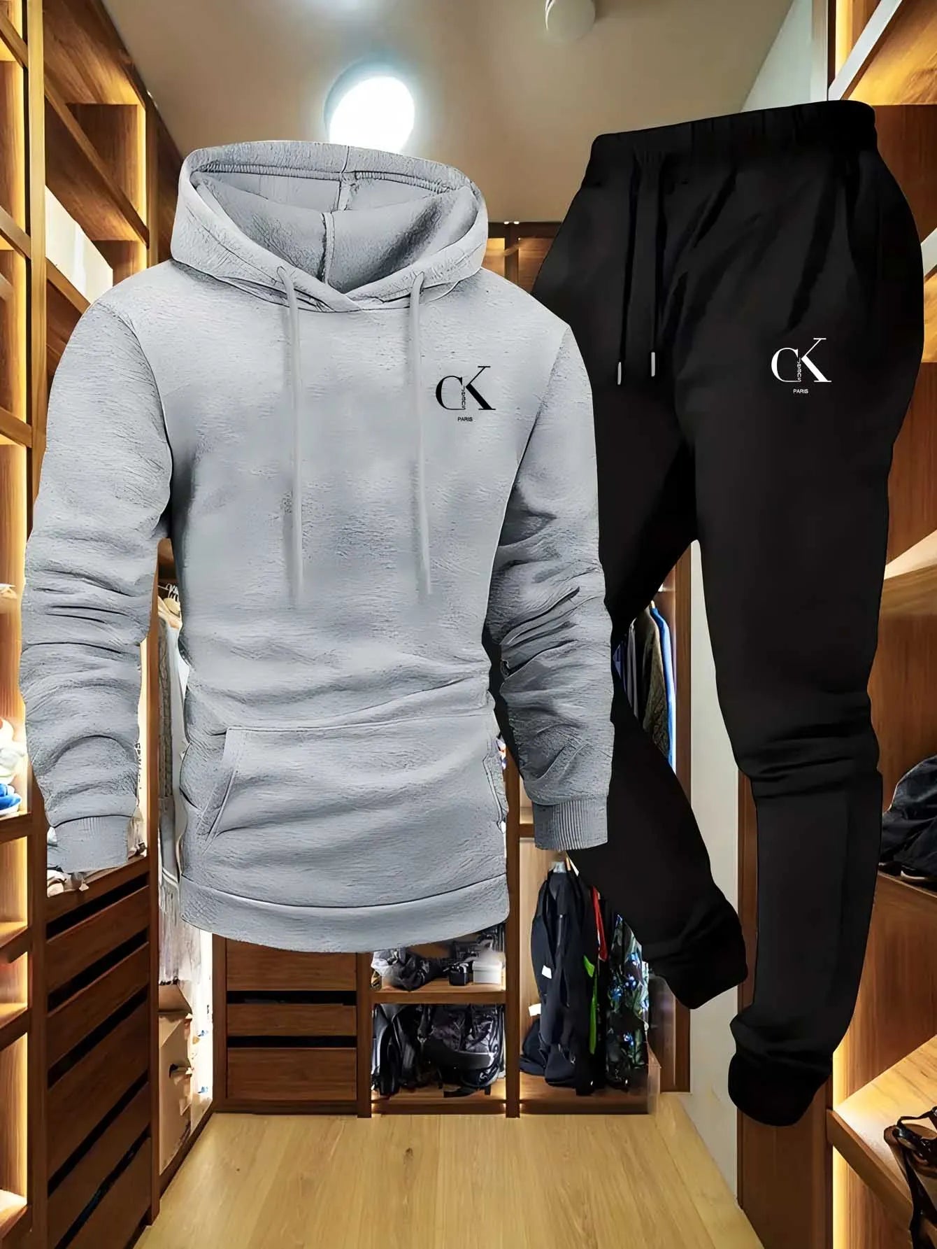 2025 Men'S Hoodie & Sweatpants Set - Casual Gray Loungewear with Pockets Drawstring Hood and Ribbed Waistband -Season Comfort