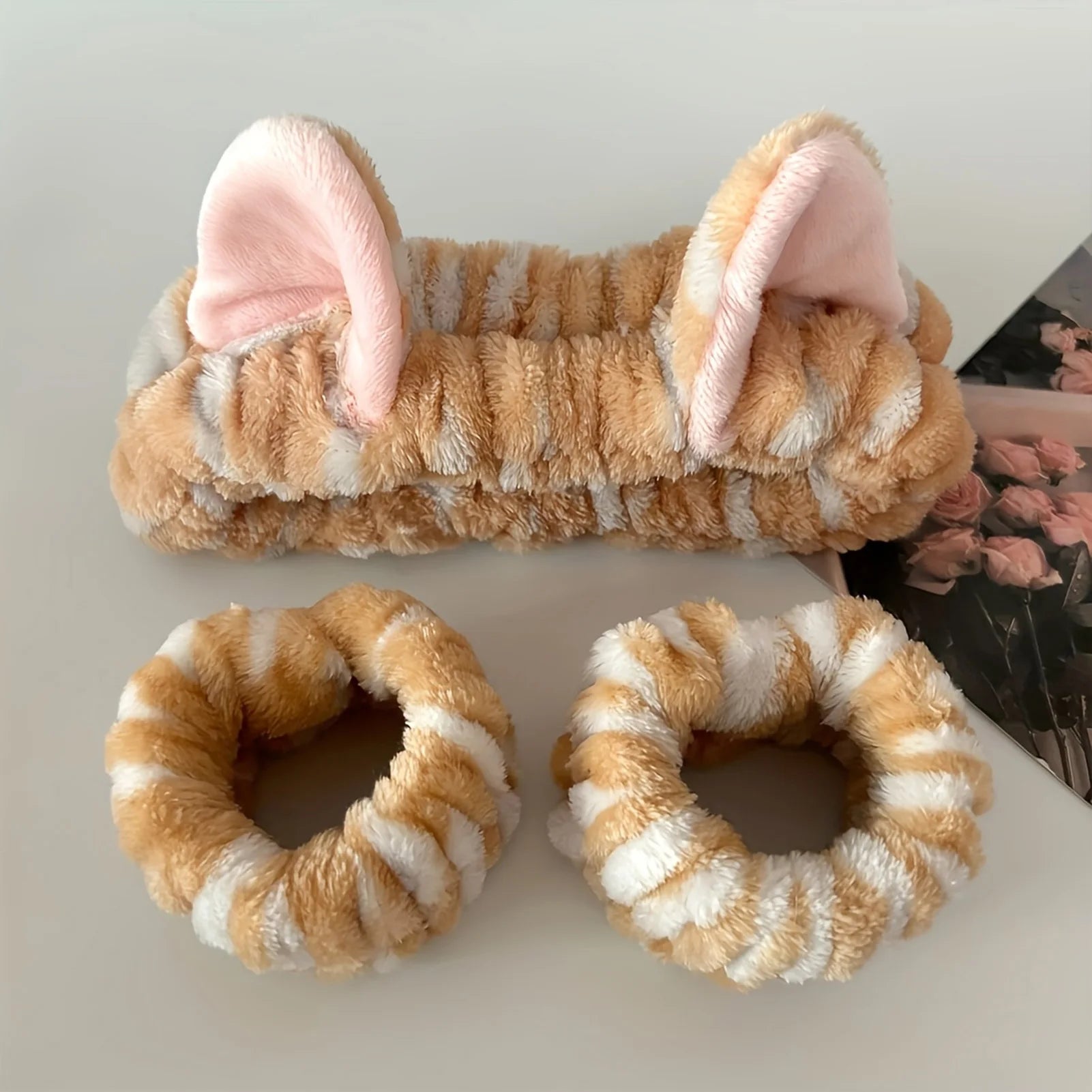 Cute Cat Ears Headband And Wristbands Plush Headband Washing Face Hairbands Suitable For Women And Men Home Casual Headwear
