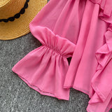 SINGREINY Chic Ruffles Splice Chiffon Blouse V Neck Flared Sleeve Loose Tops 2025 Fashion Solid Fairycore Vacation Women Shirt