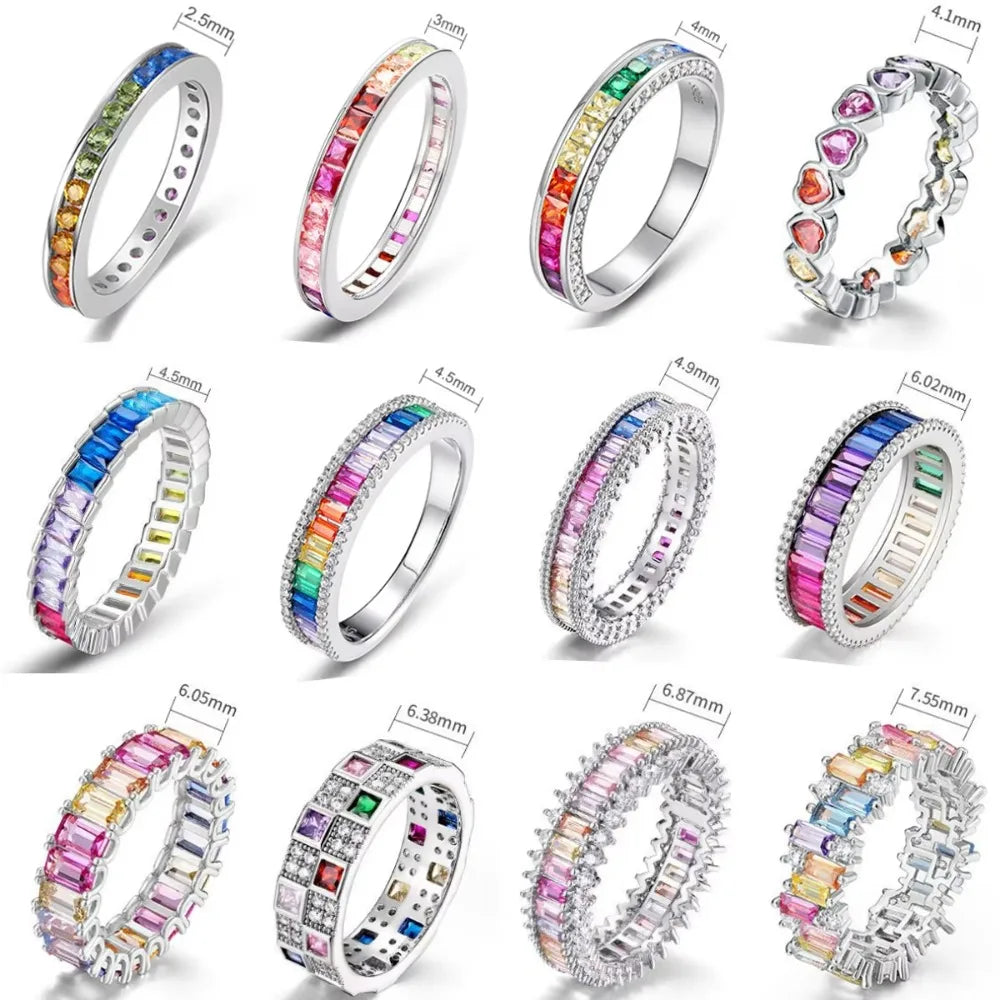 ALLNOEL Rainbow Band Ring for Woman Pure 925 Sterling Sliver 5A Zircon Eternity Fine Jewelry Colorful Engagement Birthday Gifts