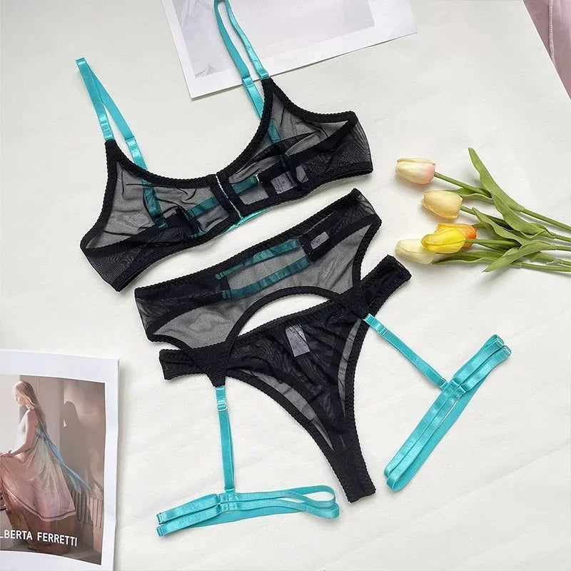 Sexy Women's Underwear Set Transparent Three Piece Bra And Underwear Set Garter Belt Exotic Mesh Mesh Underwear Sleepwear Set ok