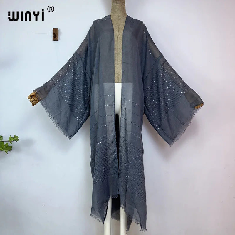 WINYI 2023 Women Bohemian Gold Thread Monochrome Elegant Casual Dress African Cardigans Outerwear For Women Summer Sexy Kimono