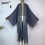 WINYI 2023 Women Bohemian Gold Thread Monochrome Elegant Casual Dress African Cardigans Outerwear For Women Summer Sexy Kimono