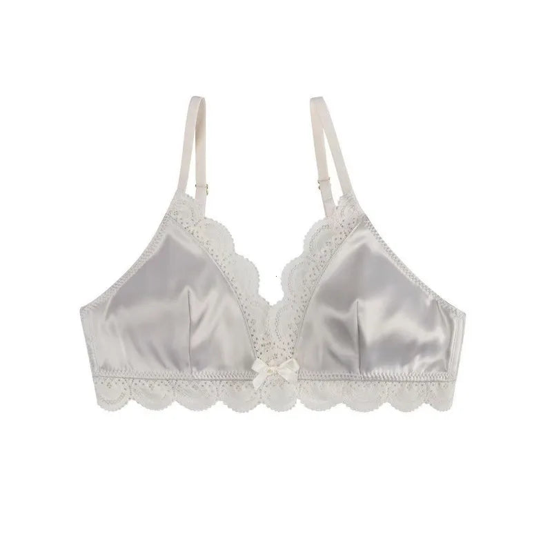 Korean Style Triangle Cup Bow Lace Bra for Women Small Chest Satin Underwear Sweet Breathable Comfortable Soft Bra