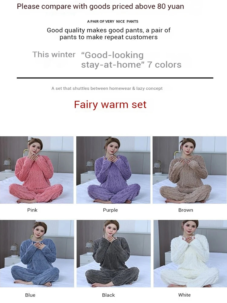 Women's Thickened Warm Sleepwear coral velvet homewear Fluffy O-neck leisure pajamas Striped Large Size Adapted Winter Sleepwear