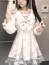 2025 Japanese Sweet Lolita Kawaii Dress Women Spring Printed Bow Fake Two Piece Dress Female Korea Style Design Party Clothing