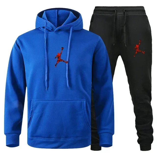 A 2-piece men's outdoor fitness sportswear set featuring a hooded long-sleeved sweatshirt, pullover and casual pants for autumn