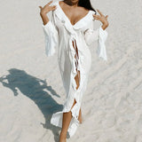 V Neck Summer Beach Cover Up Long Sleeve Ruffled Bikini Sunscreen Smock Vacation Casual Swimsuit Cover Up Dress for Women
