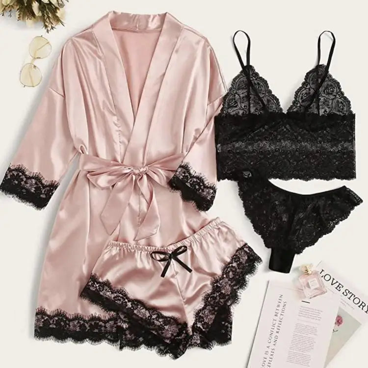 2025New Women's Pajama Fashion 4-piece Set Lace Satin Strap Sexy Pajama Set Dress Skin friendly Comfortable Casual Pajama Skirt