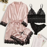 2025New Women's Pajama Fashion 4-piece Set Lace Satin Strap Sexy Pajama Set Dress Skin friendly Comfortable Casual Pajama Skirt