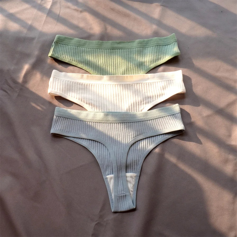 3 Pcs Seamless Ladies Ribbed Cotton Thong Simple Women's Low Waist Bikini Briefs Sports Girls Underwear Plus Size