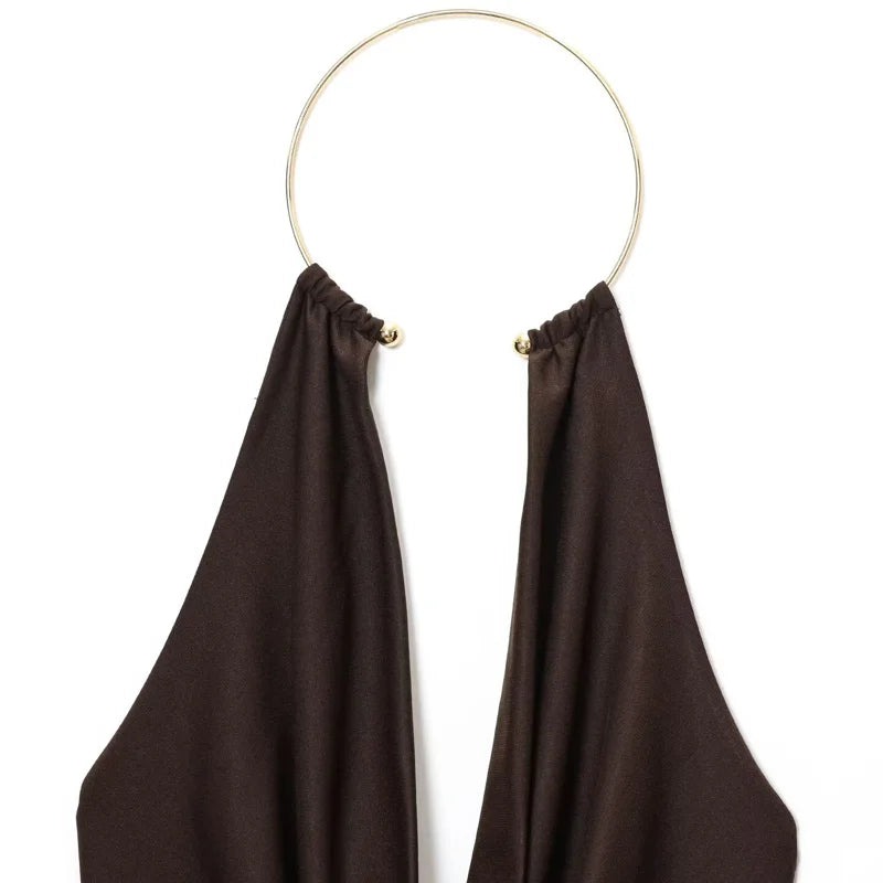 HXAO Brown Halter Bodysuit Women Summer Bodys For Sexy Women Off Shoulder Sleeveless Thong Bodysuit With Open Back Rave Bodysuit