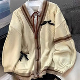 Casual Sweet Bow Cardigan Woman Autumn Winter Japanese Classic Preppy Style Knitted Coats Y2K Vintage Contrast Color V-Neck Tops