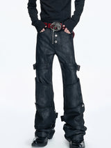 Mauroicardi Spring Long Black Distressed Waxed Cotton Denim Pants Man Metal Buckle Strap Streetwear Jeans Fashion Man Clothing