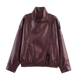 Women's Jacket 2026 Autunm  New Black Long Sleeve Pebble Faux Leather Jacket Motorcycle Style Personality Fashion