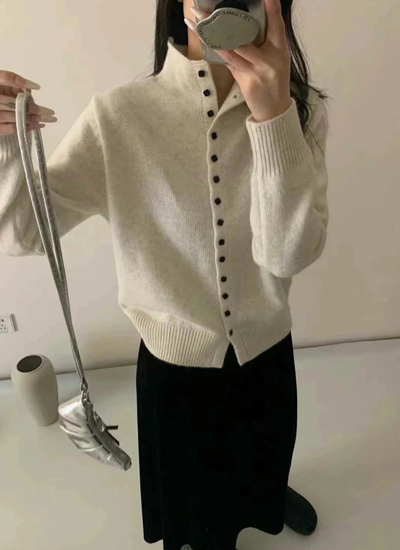New Soft Comfortable Stand-Up Collar Sweater Cardigan Women Simple Single Breasted Cardigans Coat Autumn Solid Knitted Outerwear