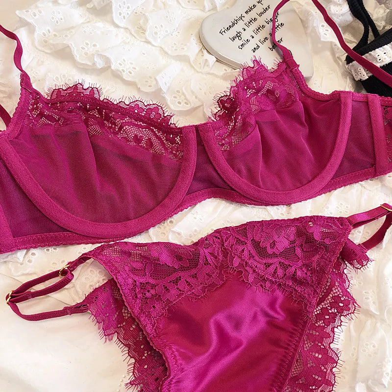 Sexy Underwear Set for Women Ultra-thin Bra Set French Lace Breathable Bralette Female Silk Comfort Bras and Thong Lingerie