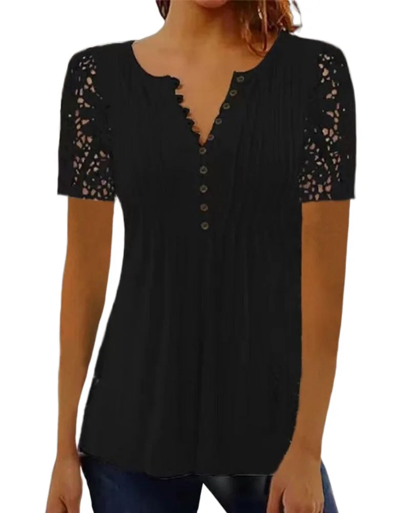 Summer Spring New Women's Loose and Comfortable Casual Lace V Neck Printed Blouse Floral Short Sleeve Elegant Fashion Shirt