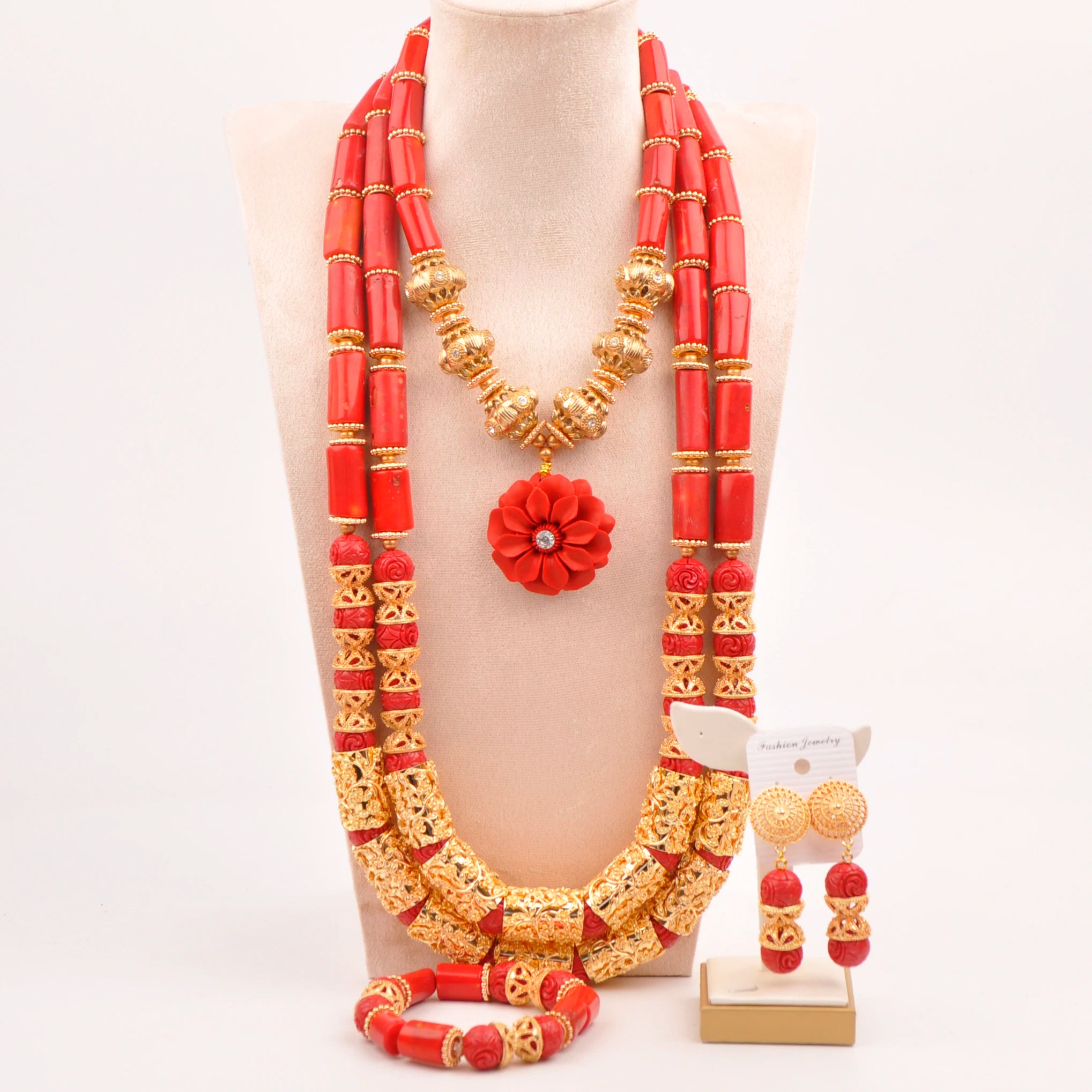 32inches 2Layers orange artifinal nigerian coral bead jewelry set wedding