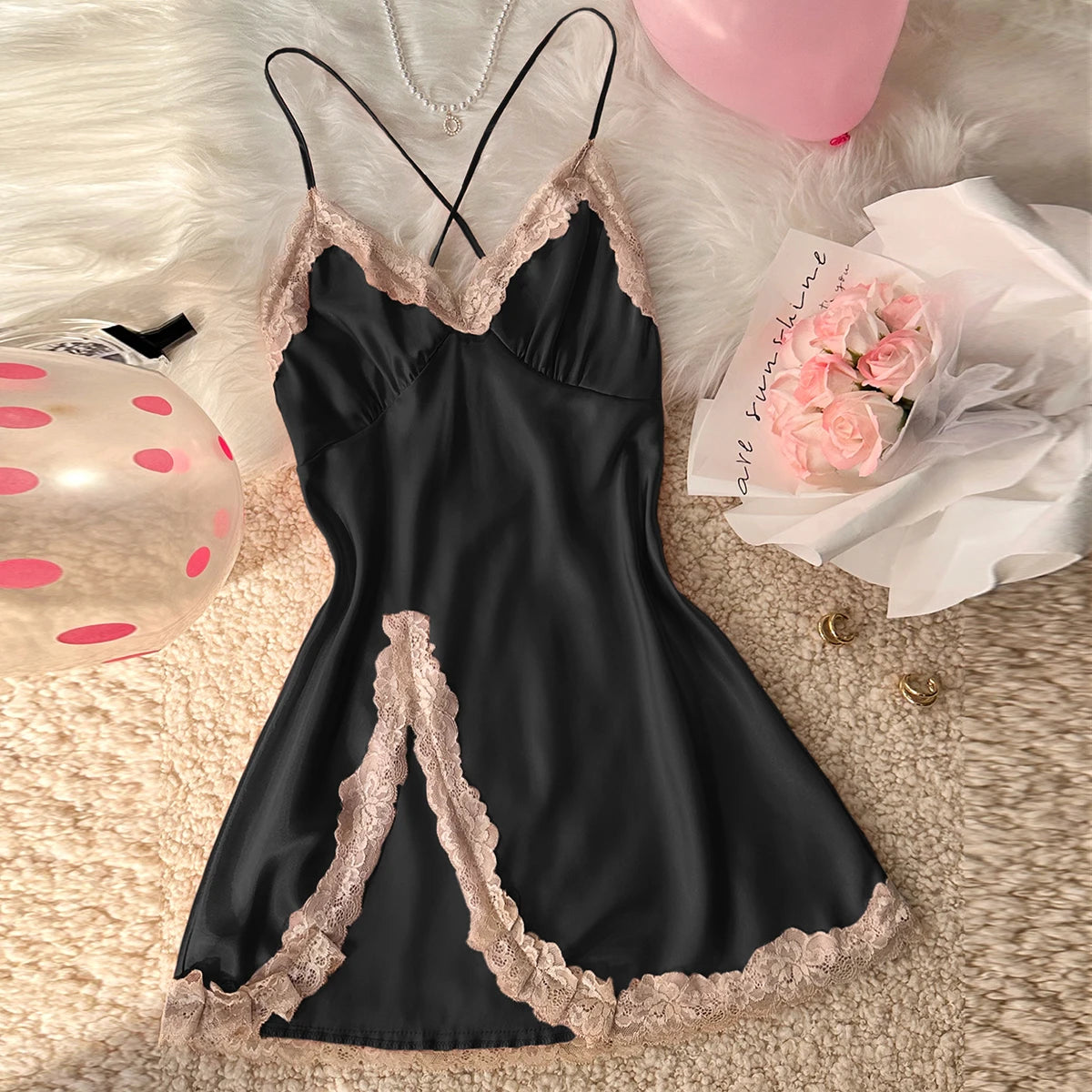 Women's Sexy Fashion V-Neck Sleep Dress Lace Trim Crisscross Back Nightgown Loungewear