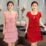 2026 Dress For Women Summer Wave Cut Ruffle Sweet Solid Short Sleeve Slim Dresses Lady Casual All-match Vestido O-Neck Chiffon
