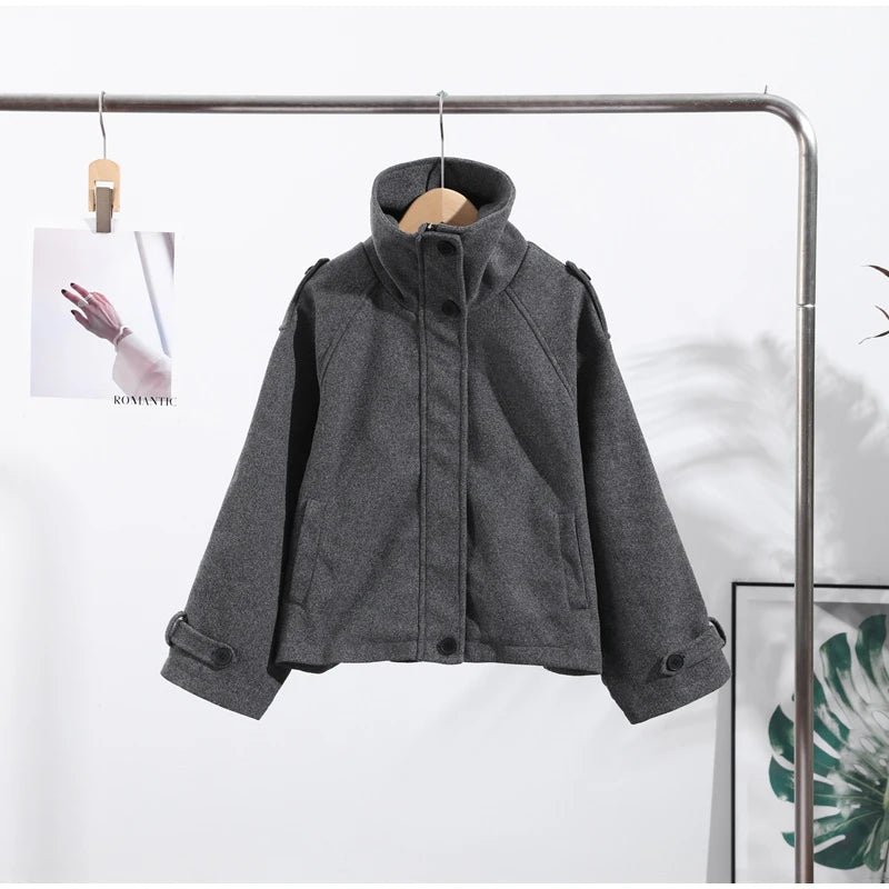 Fashion Short Woolen Coat For Women Stand Collar Full Sleeve Loose Zipper Jacket Female 2025 Spring Autumn Solid Lady Outwear