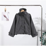Fashion Short Woolen Coat For Women Stand Collar Full Sleeve Loose Zipper Jacket Female 2025 Spring Autumn Solid Lady Outwear