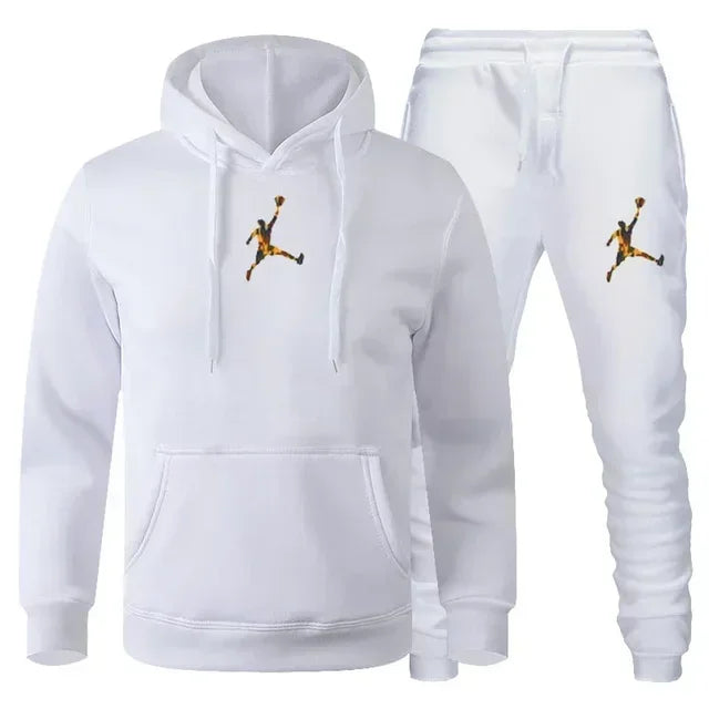A 2-piece men's outdoor fitness sportswear set featuring a hooded long-sleeved sweatshirt, pullover and casual pants for autumn