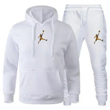 A 2-piece men's outdoor fitness sportswear set featuring a hooded long-sleeved sweatshirt, pullover and casual pants for autumn