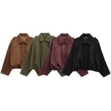 HH Women Brown Green Suede Jacket Loose Casual Bomber Coat Lapel Zipper Long Sleeve Jackets Vintage Lady Motorcycle Outwears