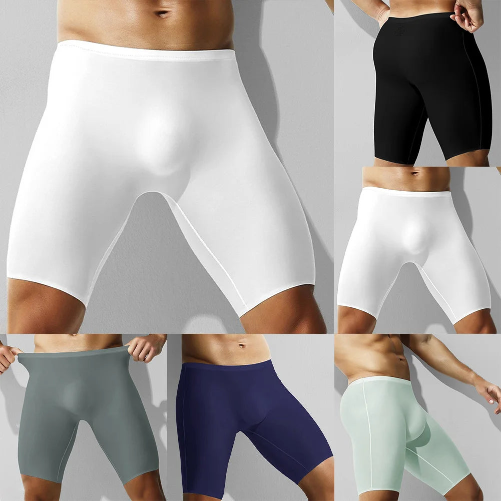 1pc Men Ice Silk Boxers Shorts Sports Long Leg Shorts Underwear Thin Seamless Anti-wear Panties Breathable Comfortable Underpant