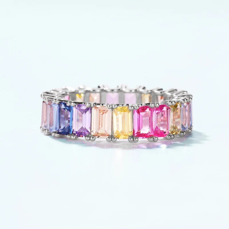 ALLNOEL Rainbow Band Ring for Woman Pure 925 Sterling Sliver 5A Zircon Eternity Fine Jewelry Colorful Engagement Birthday Gifts