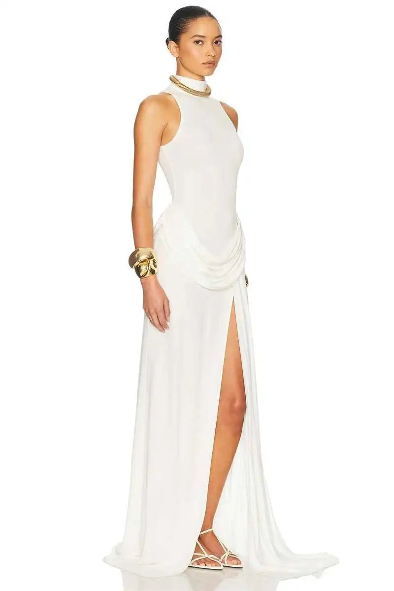 Blifanbo Turtleneck Off-shoulder Sleeveless Thigh Split High Waist Pleated Maxi Dress For Women Elegant Fashion Club Party Dress