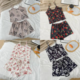 Women Sexy Pajama Ladies Satin Pajama Print Round Neck Ice Silk Top T-Shirt and Shorts Sets Breathable Comfortable Home Wear New