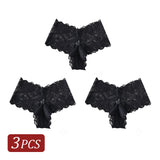 3PCS Elegant Women's Underwear V-shaped Waist Lace Floral Embroidery Panties Semi-Sheer Sexy Briefs Solid Color Lingerie