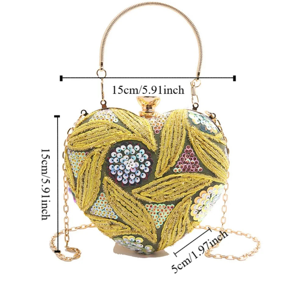 Wrist Bag Glitter Sequin Evening Banquet Bag Embroidery Elegant Heart Shape Handbag Sweet Large Capacity Ladies Clutch Bag Party