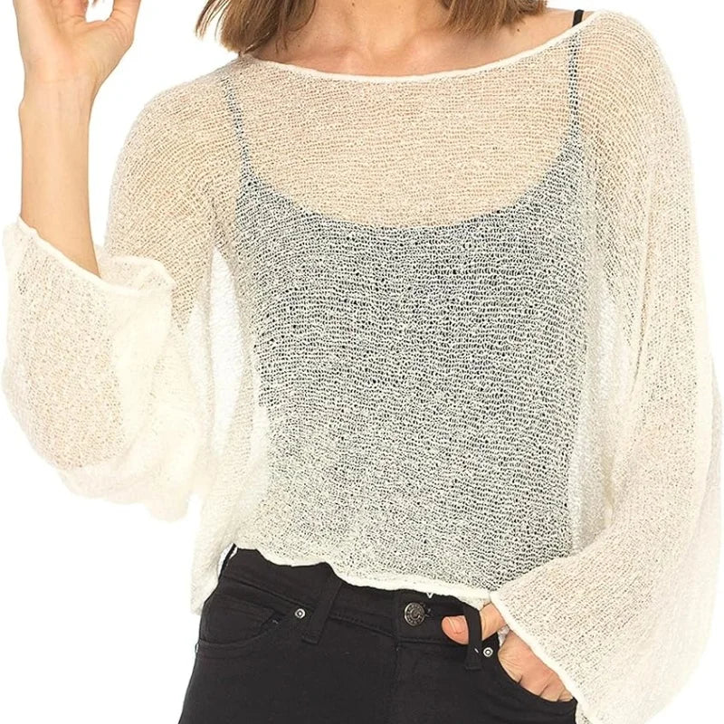 Women Knit Cover-ups Summer Autumn See-through Irregular Loose Pullover Summer Beach Smock Crop Tops Bikinis Cover Ups