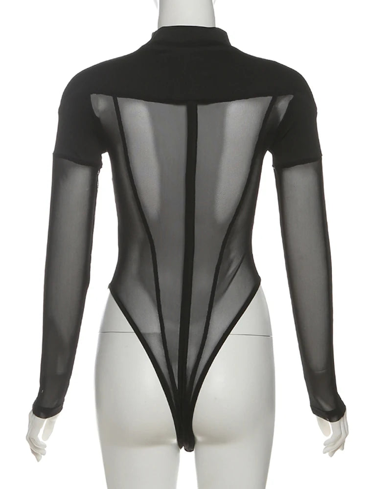 Weird Puss Coquette See Through Bodysuit Women Sexy Wild Mesh Hipster Patchwork Full Sleeve Midnight Stretch Street Clubwear