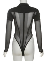 Weird Puss Coquette See Through Bodysuit Women Sexy Wild Mesh Hipster Patchwork Full Sleeve Midnight Stretch Street Clubwear