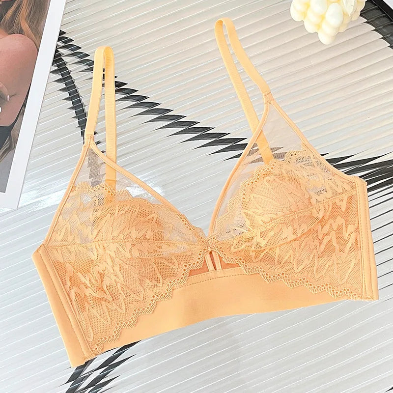 Sexy Lace Crop Top Deep V Backless Camisole Hollow Mesh Bra Female Solid Color Seamless Underwear Removable Chest Pad Tank Top