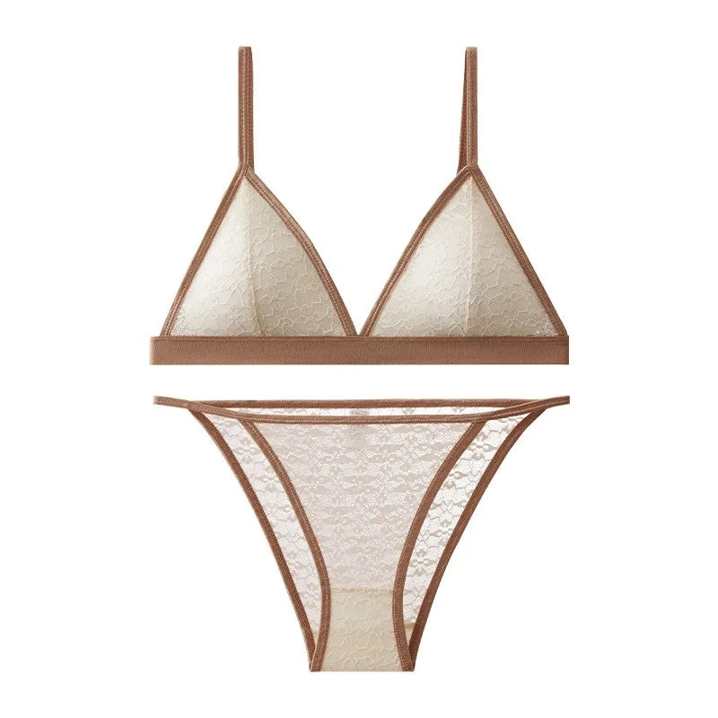 Women Triangle Bra and Panties Set Sheer Floral Lace Bralette Low-Rise Briefs Sexy Lingerie Set Removable Pads Ladies Underwear