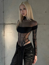 Weird Puss Coquette See Through Bodysuit Women Sexy Wild Mesh Hipster Patchwork Full Sleeve Midnight Stretch Street Clubwear