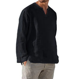 Men's Cotton Linen Shirt Cozy Solid Color Long Sleeve Breathable Tops V Neck Casual Blouse Hawaiian Shirt Lightweight Shirts