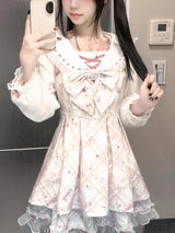 2025 Japanese Sweet Lolita Kawaii Dress Women Spring Printed Bow Fake Two Piece Dress Female Korea Style Design Party Clothing